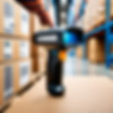 Barcode Scanner in Action A sophisticated barcode scanner in use within a warehouse environment