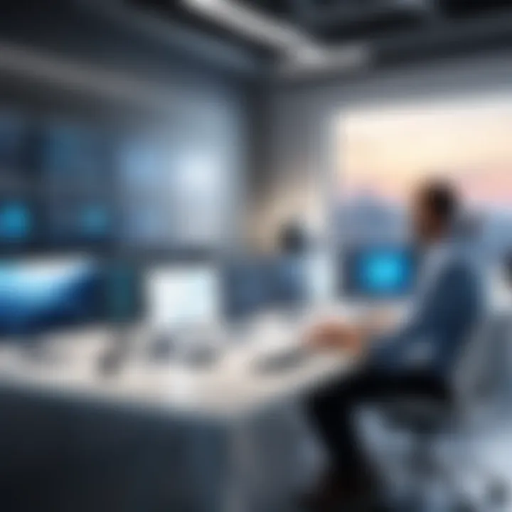Collaborative workspace with engineers discussing software features