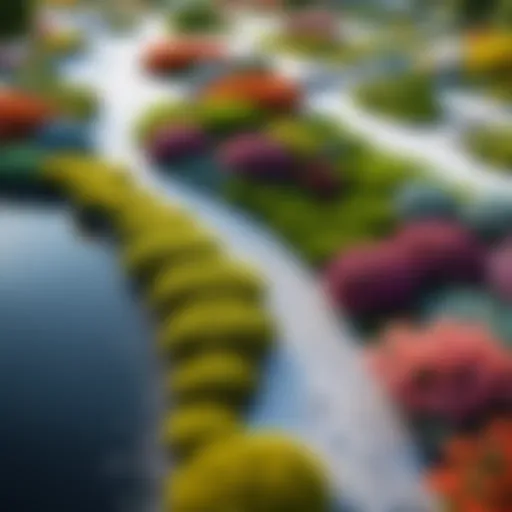 A digital landscape design rendered on a screen showcasing vibrant gardens and pathways.